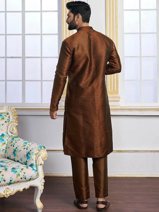 Brown Ethnic Motifs Woven Design Mandarin Collar Regular Kurta With Pyjamas