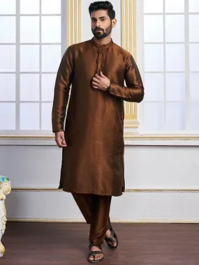 Brown Ethnic Motifs Woven Design Mandarin Collar Regular Kurta With Pyjamas