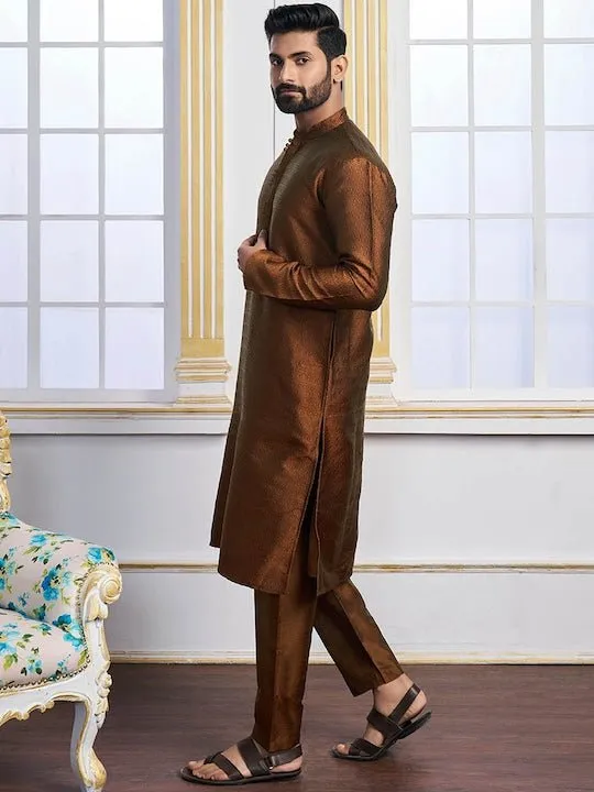 Brown Ethnic Motifs Woven Design Mandarin Collar Regular Kurta With Pyjamas