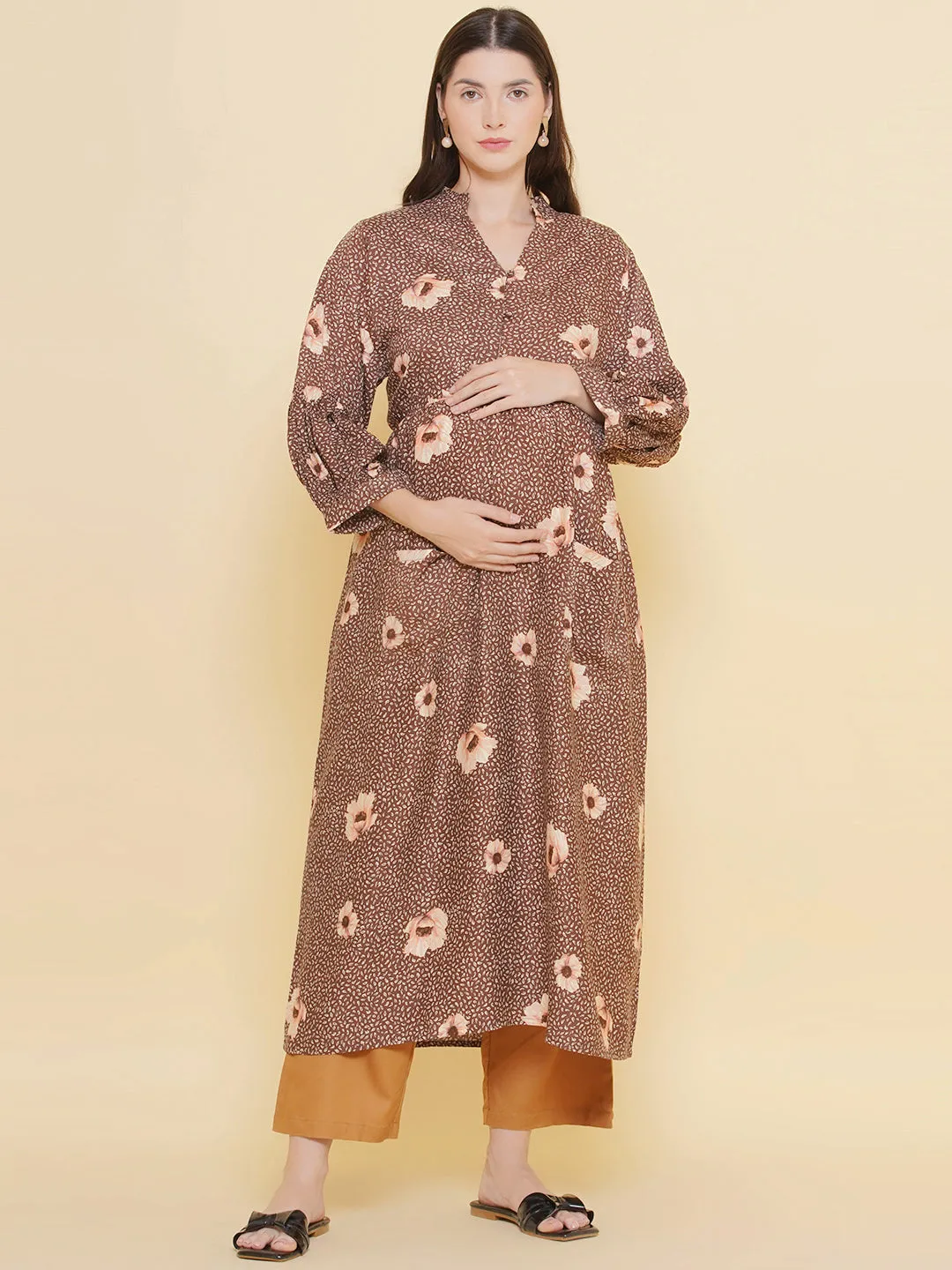 Brown Floral Print Shirt Collar Maternity & Nursing Kurta Set