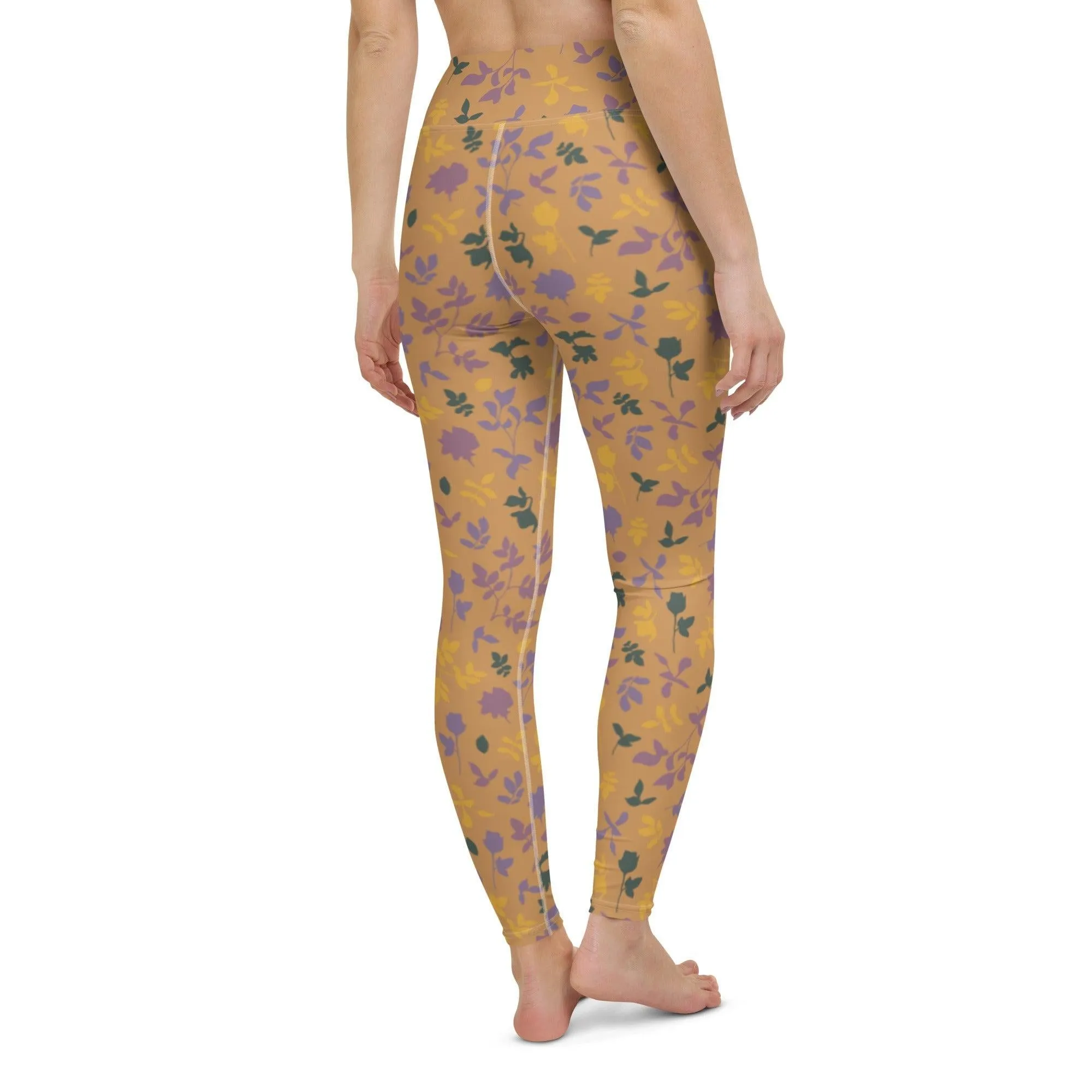 Brown Floral Women's High-Waisted Yoga Pants