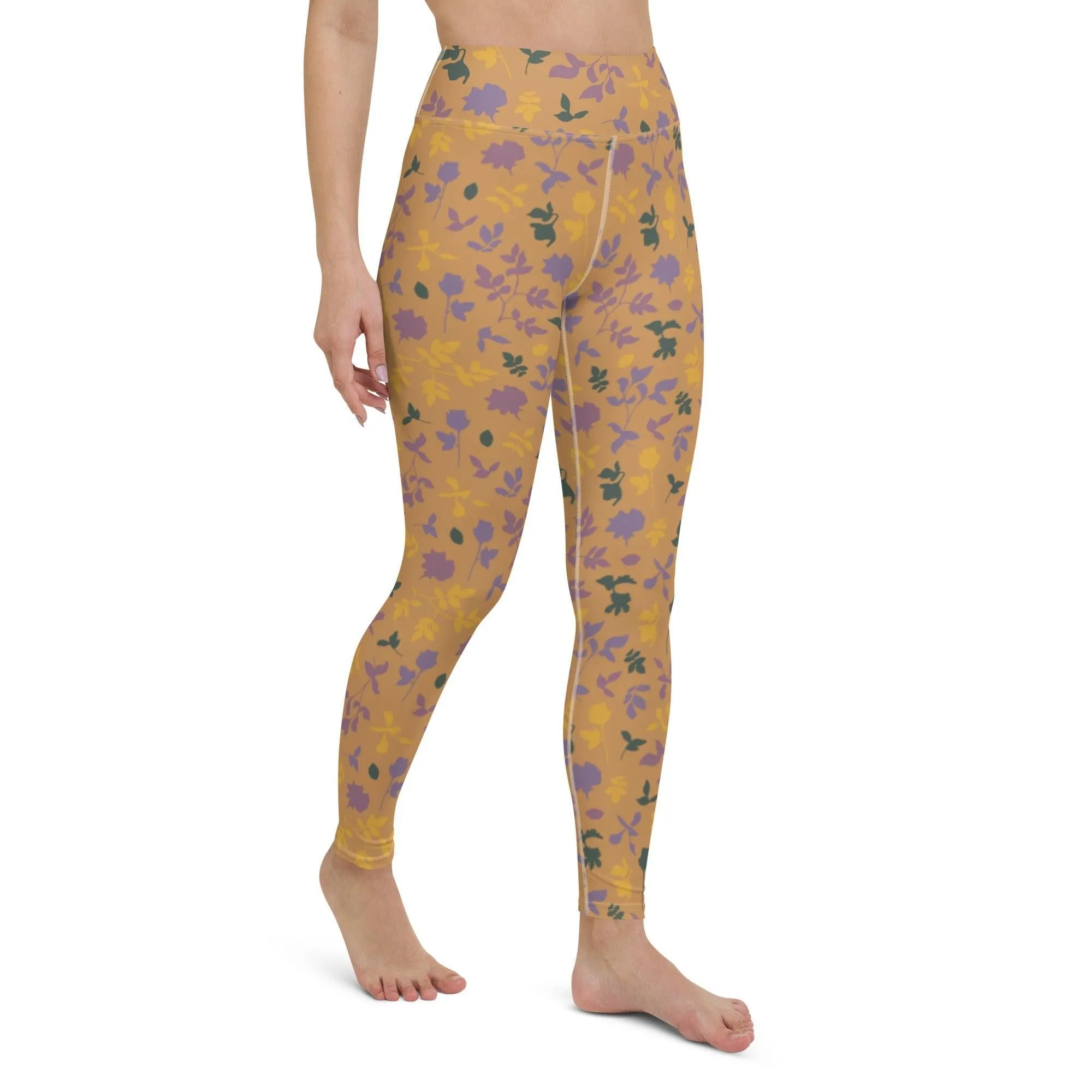 Brown Floral Women's High-Waisted Yoga Pants