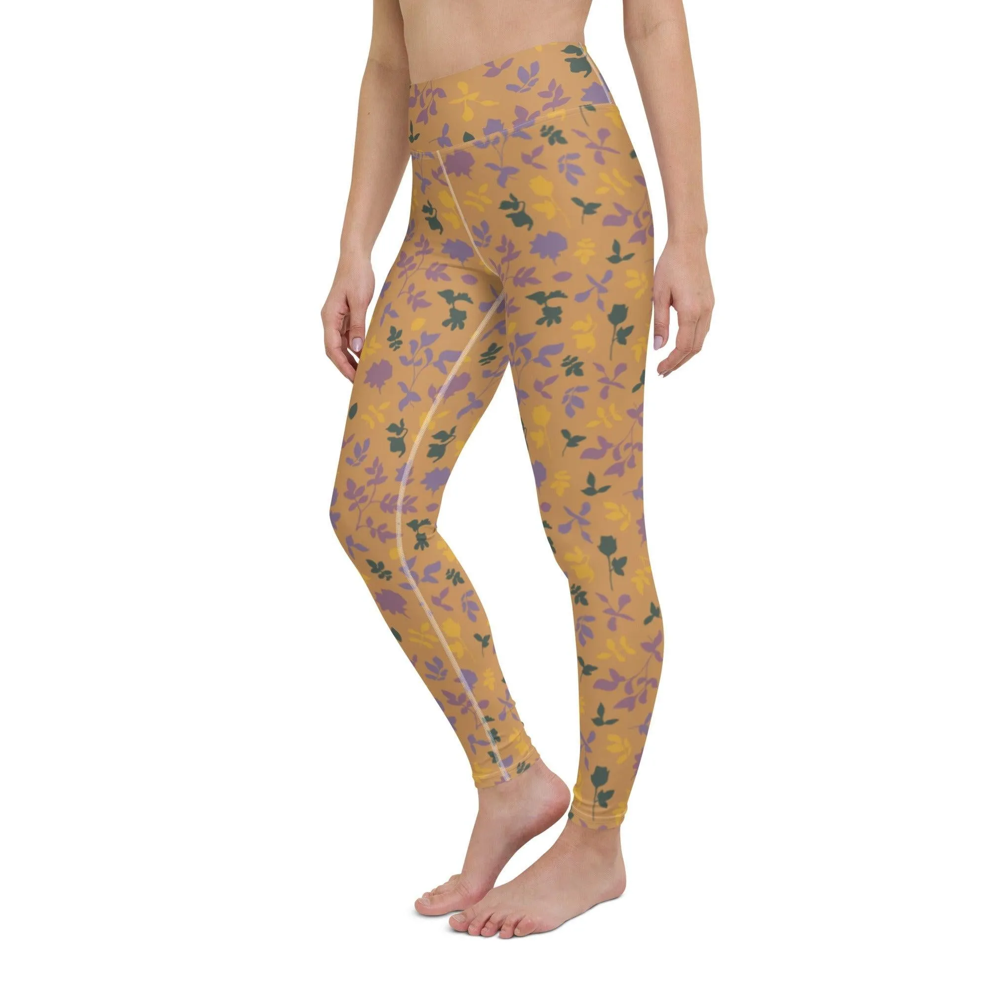 Brown Floral Women's High-Waisted Yoga Pants