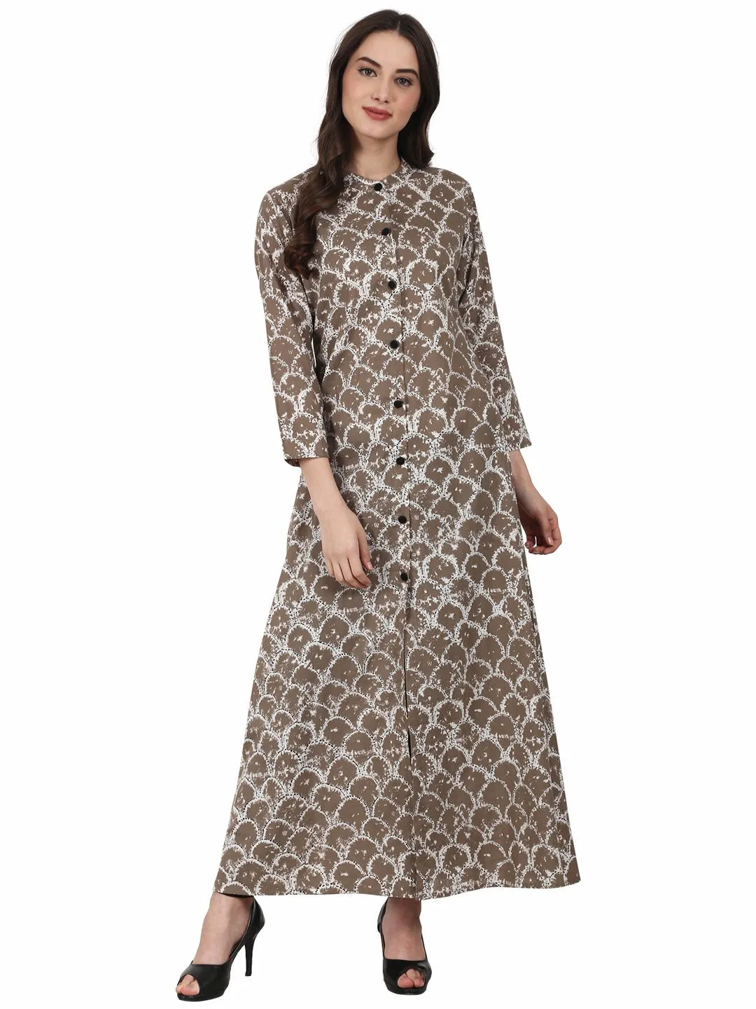 Brown Printed 3/4 Sleeve Front Open A-Line Kurta