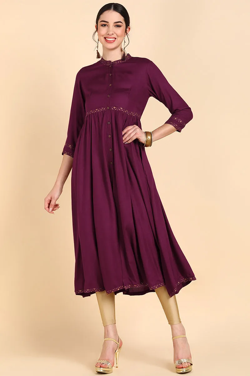 Burgundy & Rosewood Thread Work Anarkali Kurta