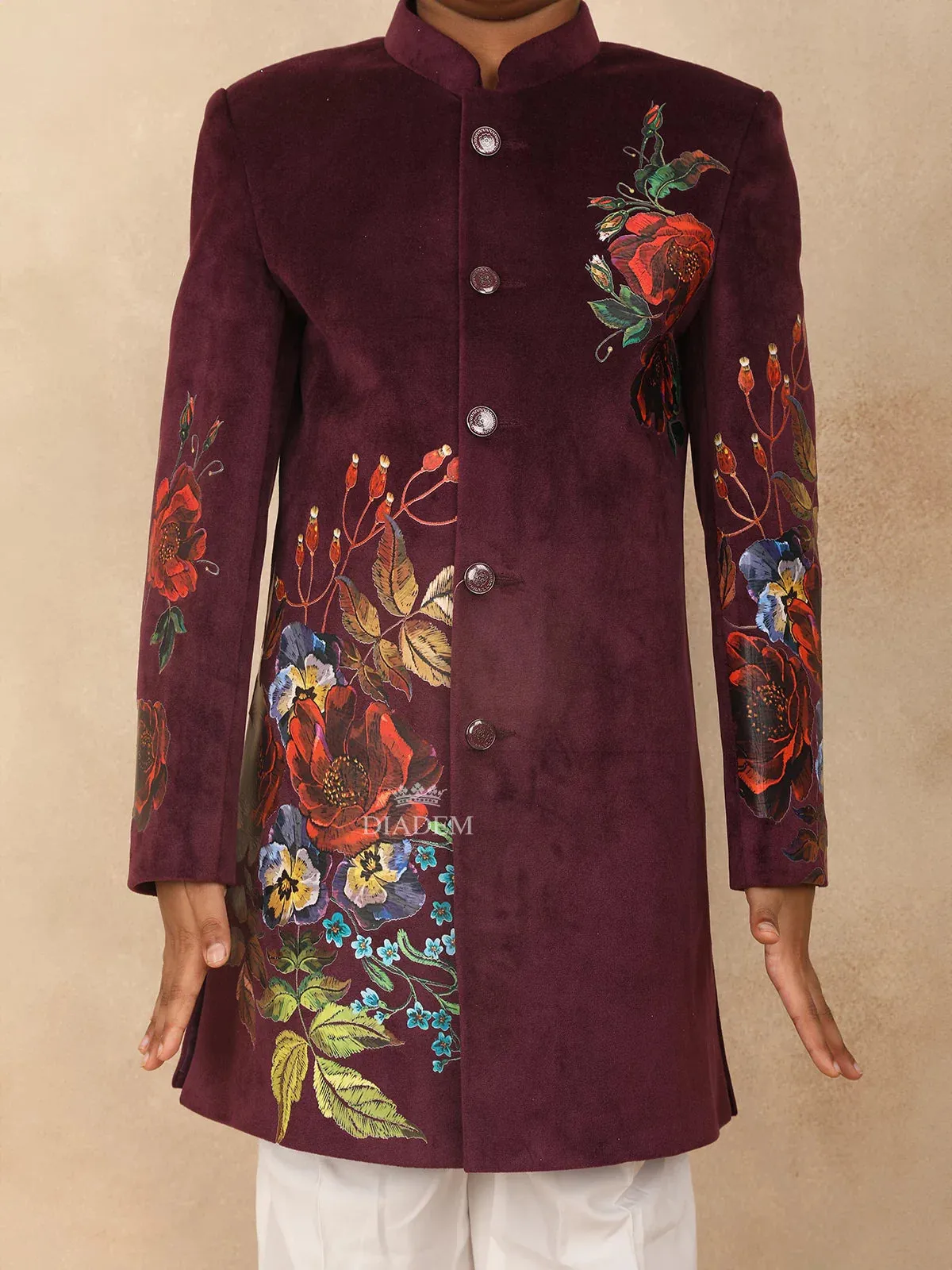 Burgundy Kids Sherwani Adorned with Flower Designs