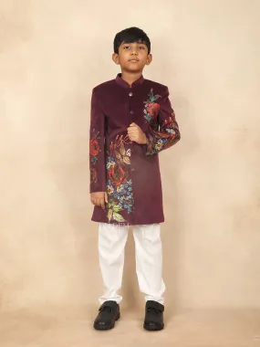 Burgundy Kids Sherwani Adorned with Flower Designs