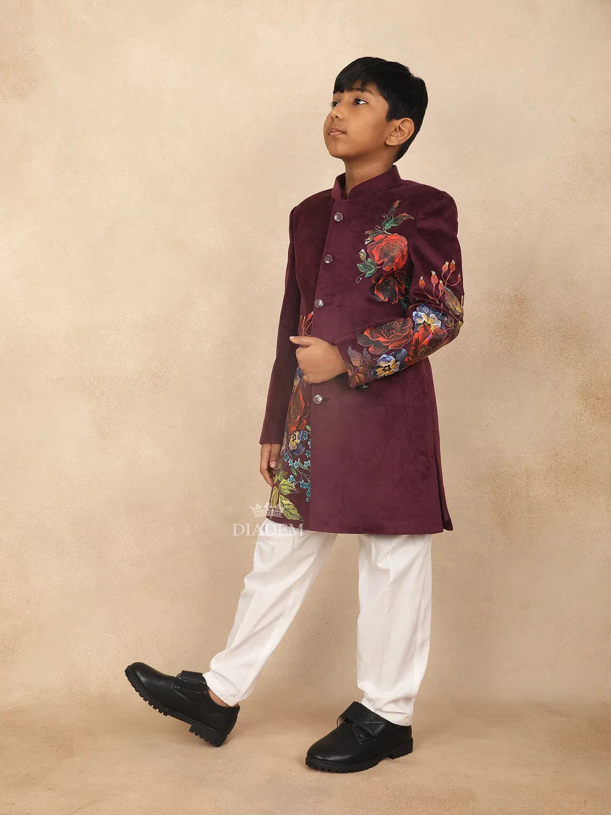 Burgundy Kids Sherwani Adorned with Flower Designs