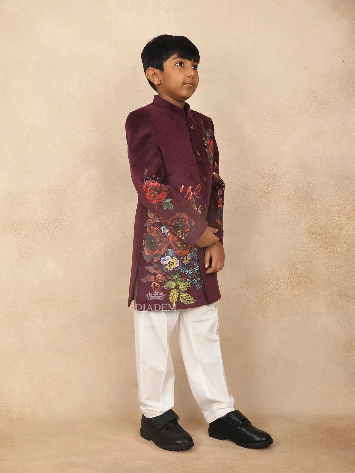 Burgundy Kids Sherwani Adorned with Flower Designs