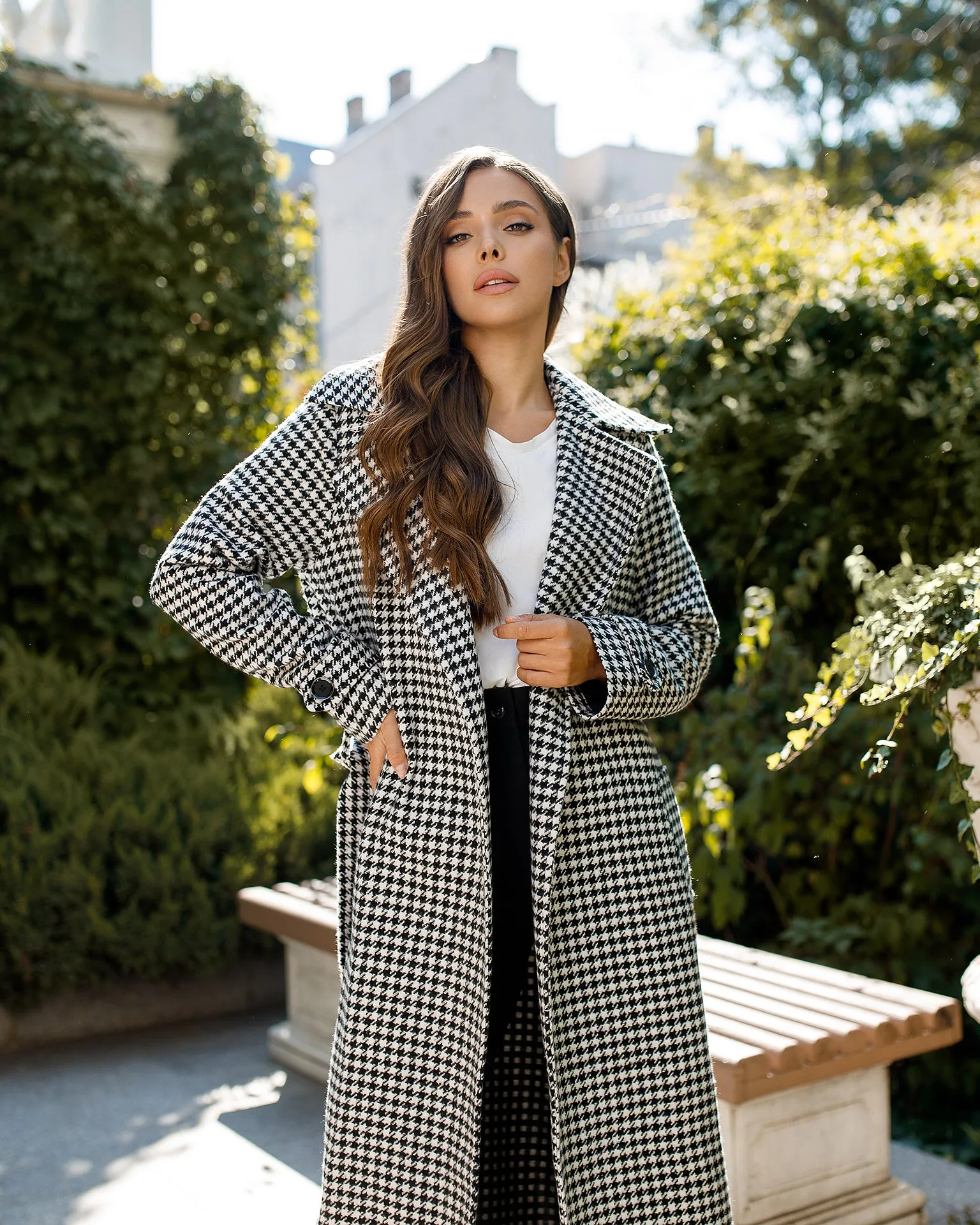 Casual White-Black Checked Belted Coat