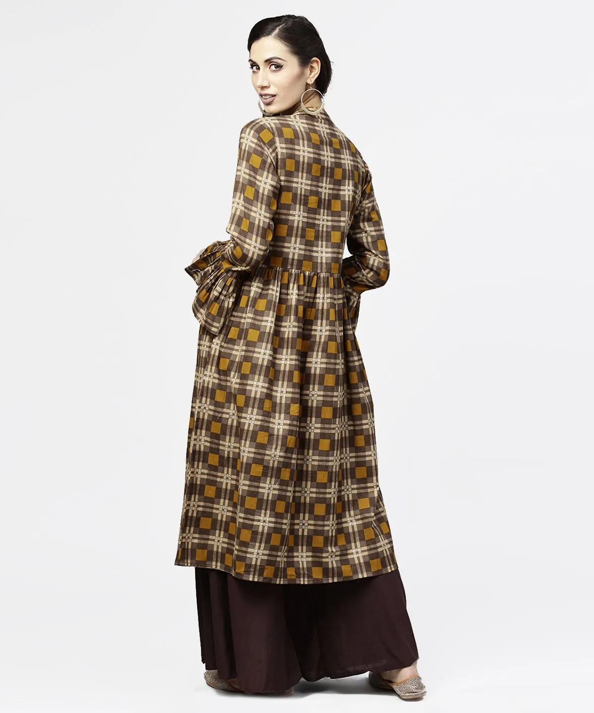 Coffee Brown & Yellow Full Sleeve Cotton Anarkali Kurta