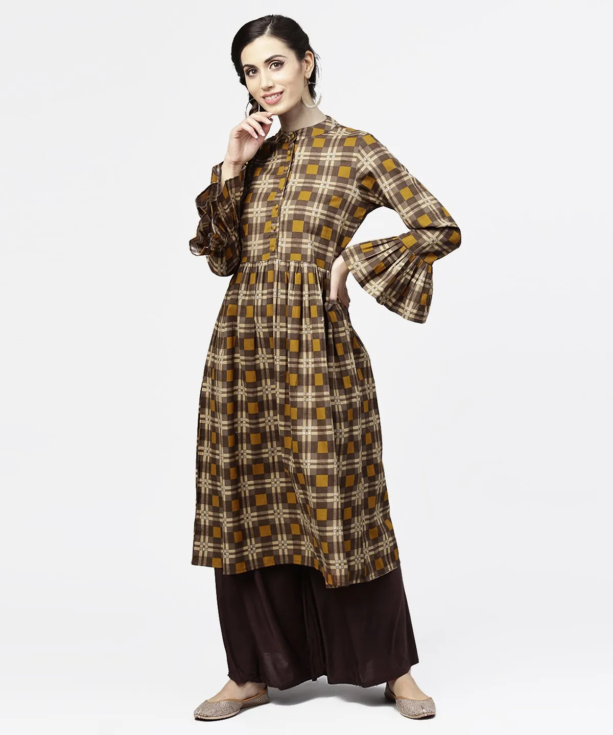 Coffee Brown & Yellow Full Sleeve Cotton Anarkali Kurta