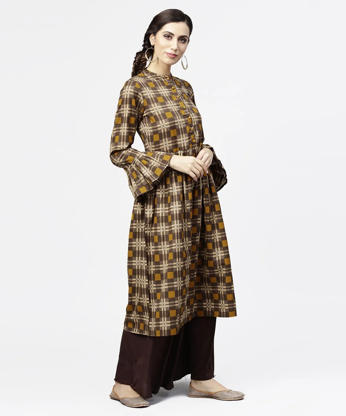 Coffee Brown & Yellow Full Sleeve Cotton Anarkali Kurta