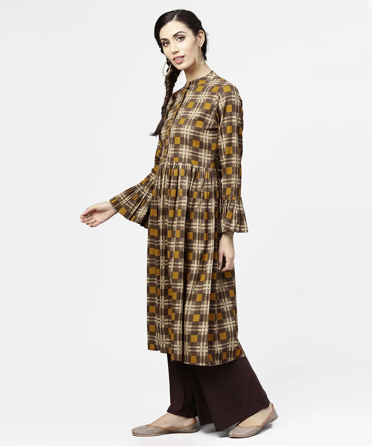 Coffee Brown & Yellow Full Sleeve Cotton Anarkali Kurta