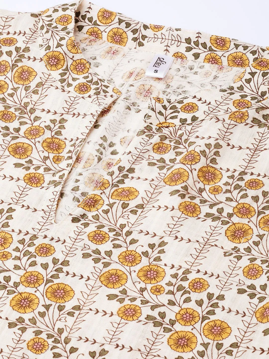 Cream & Yellow Gold Floral Printed Kurta Set With Skirt