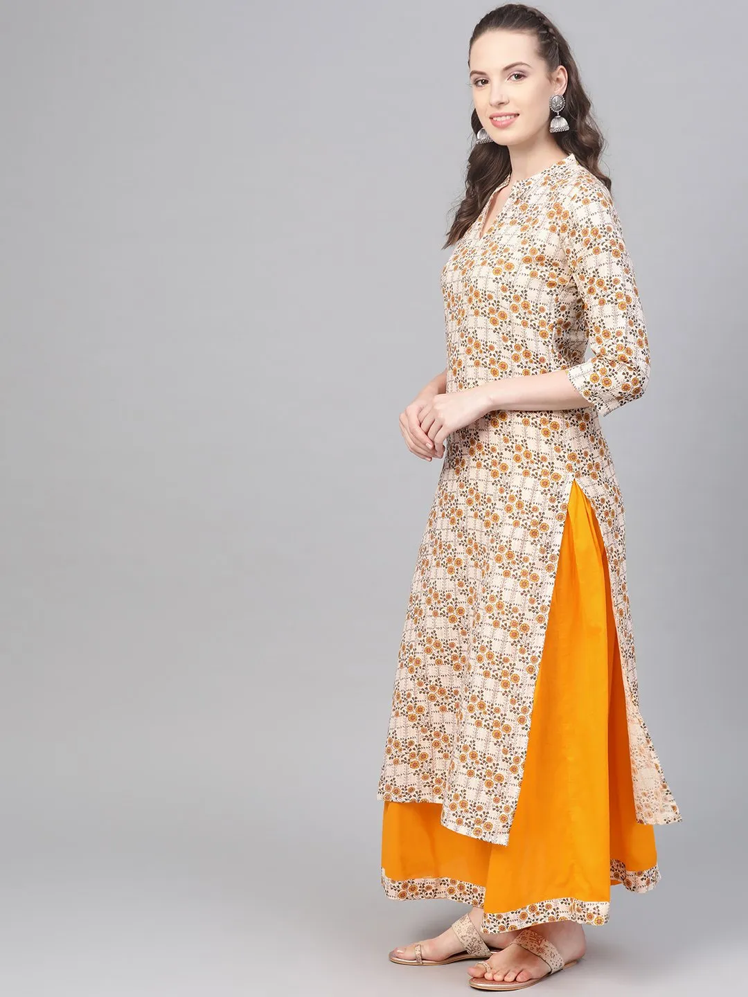 Cream & Yellow Gold Floral Printed Kurta Set With Skirt