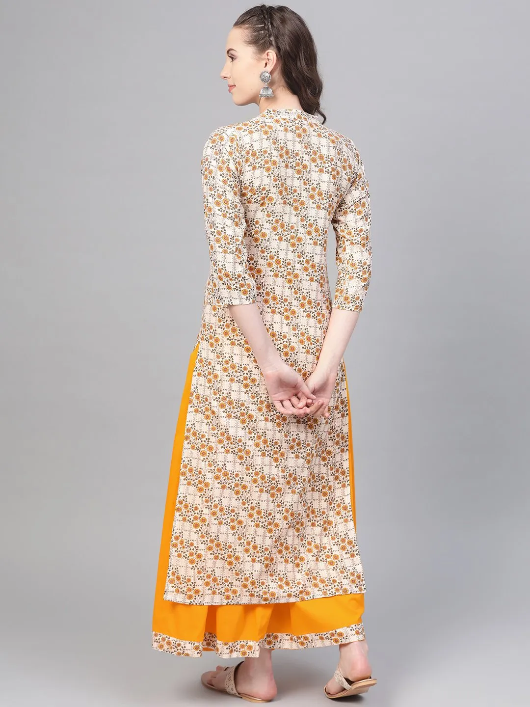 Cream & Yellow Gold Floral Printed Kurta Set With Skirt