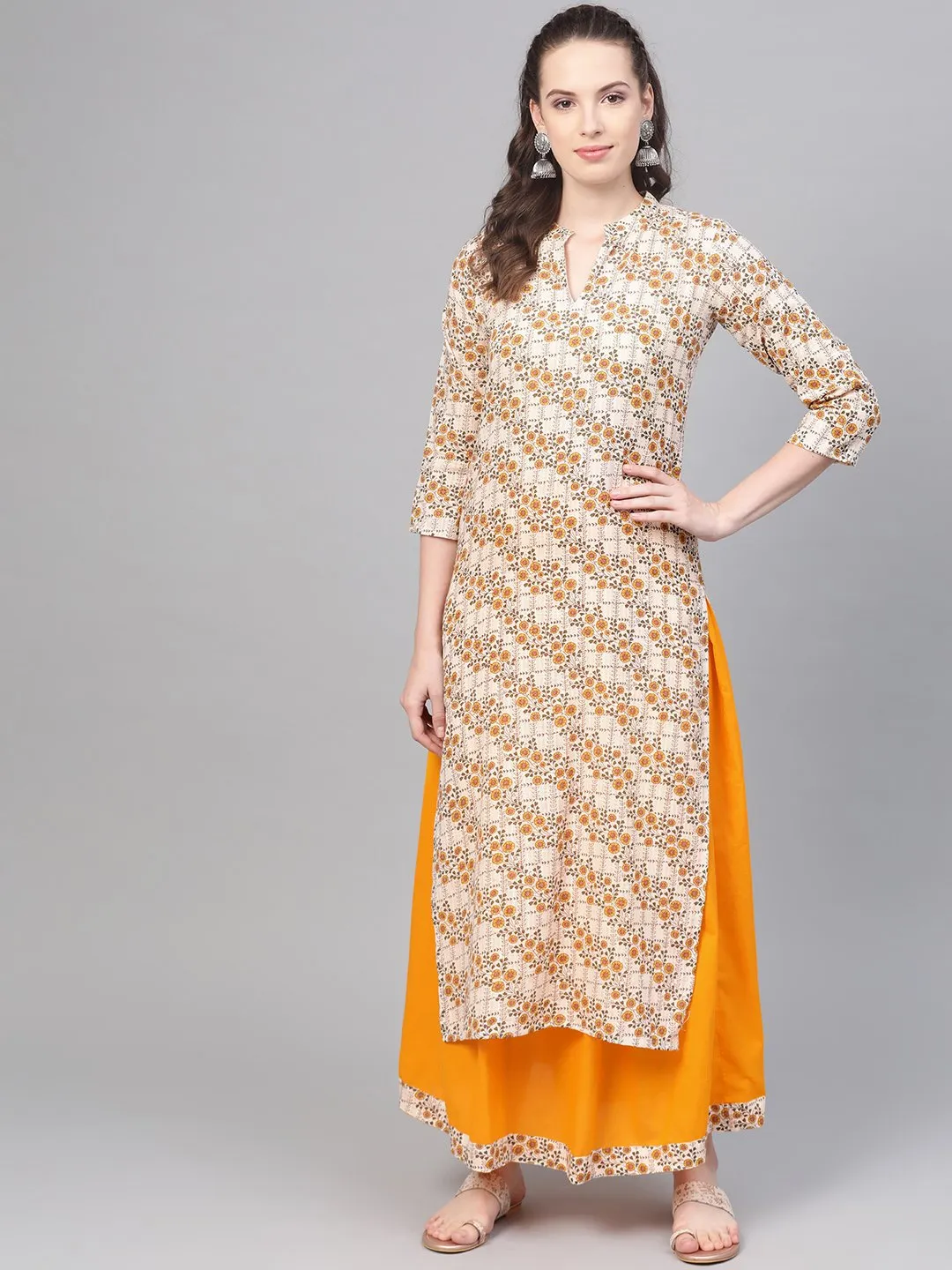 Cream & Yellow Gold Floral Printed Kurta Set With Skirt