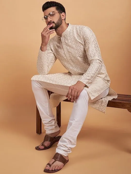 Cream-Coloured Ethnic Motif Embroidered Chikankari Straight Kurta