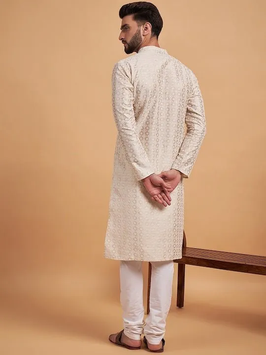 Cream-Coloured Ethnic Motif Embroidered Chikankari Straight Kurta