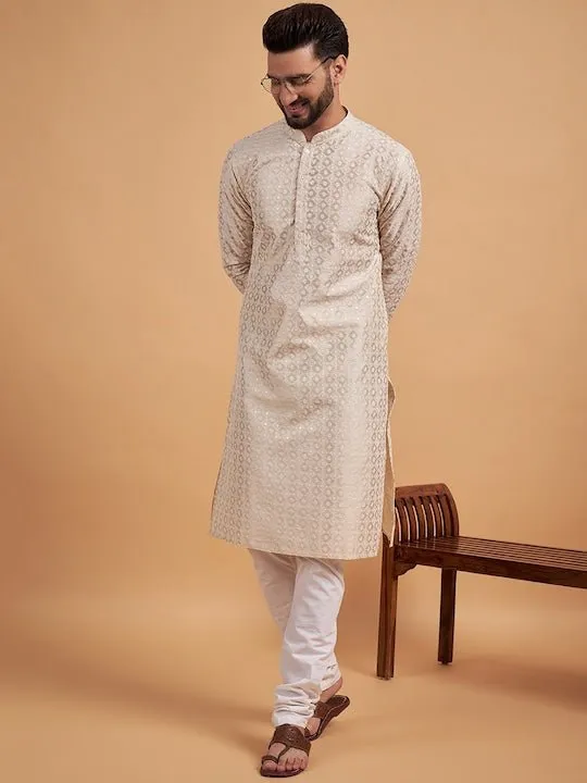 Cream-Coloured Ethnic Motif Embroidered Chikankari Straight Kurta