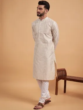 Cream-Coloured Ethnic Motif Embroidered Chikankari Straight Kurta