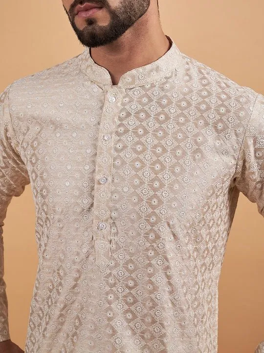 Cream-Coloured Ethnic Motif Embroidered Chikankari Straight Kurta