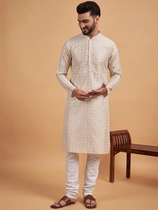 Cream-Coloured Ethnic Motif Embroidered Chikankari Straight Kurta