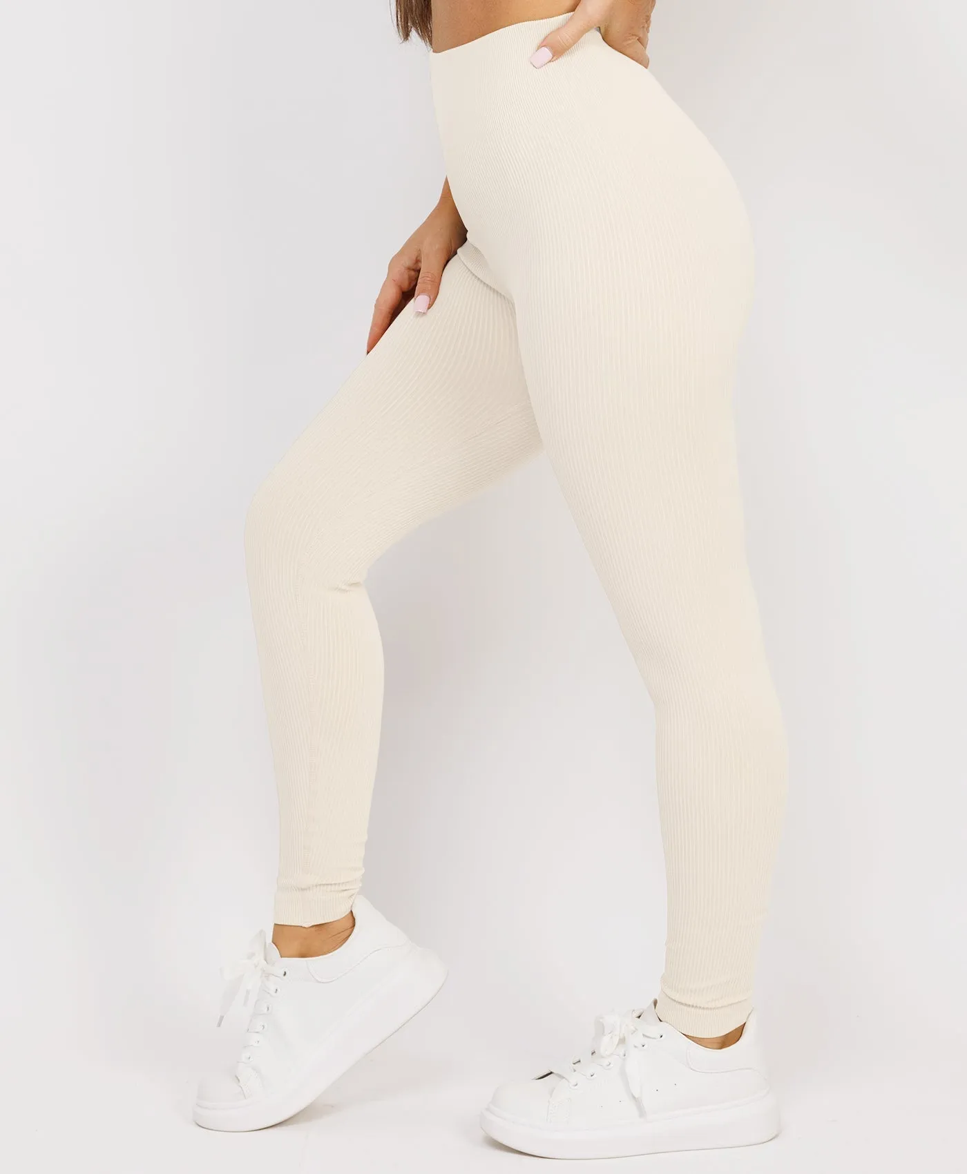 Cream High Waist Ribbed Gym Leggings