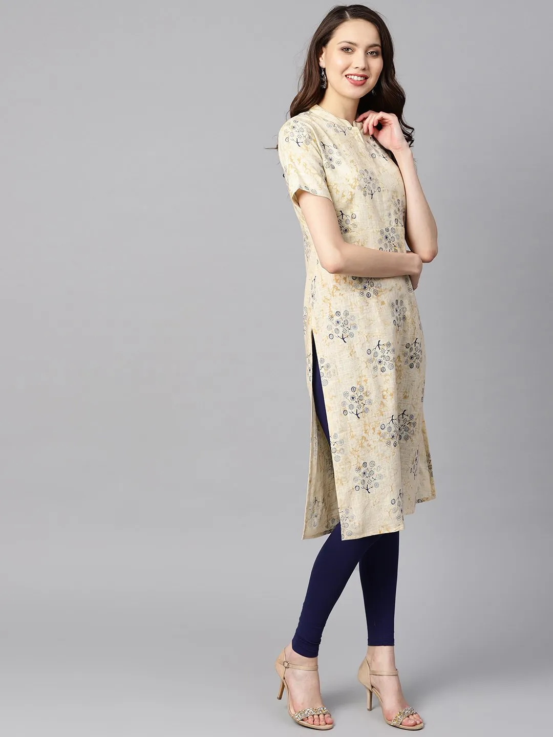 Cream Printed Chinese Collar With Placket Opening Half Sleeves Straight Kurta