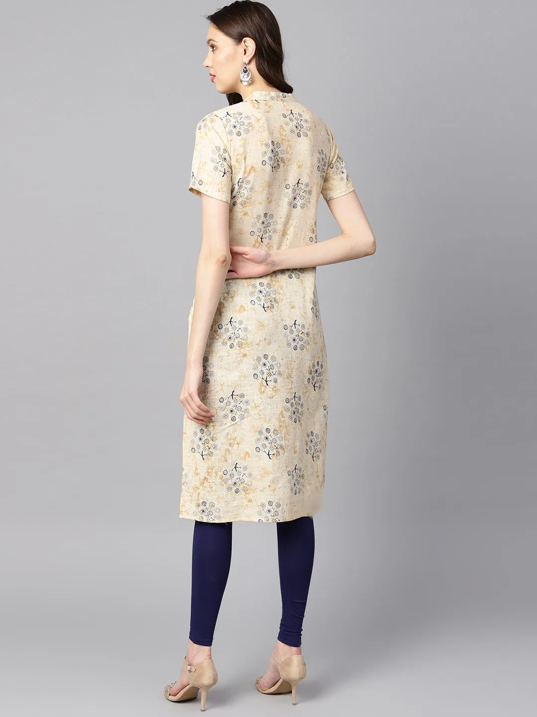 Cream Printed Chinese Collar With Placket Opening Half Sleeves Straight Kurta