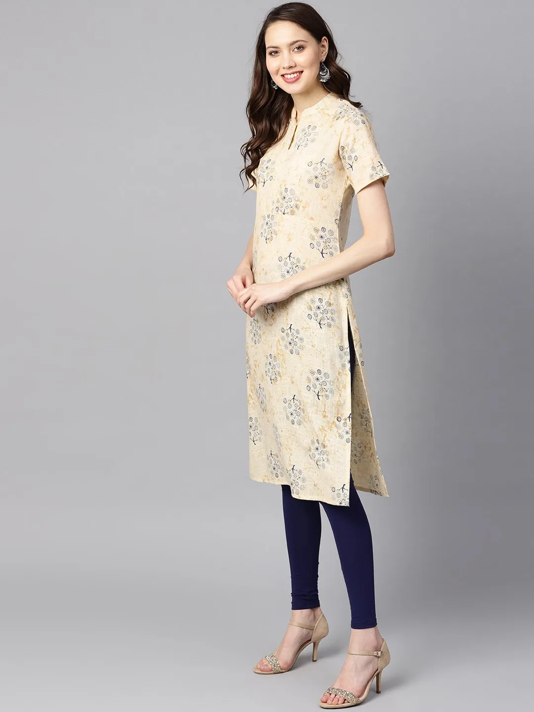 Cream Printed Chinese Collar With Placket Opening Half Sleeves Straight Kurta