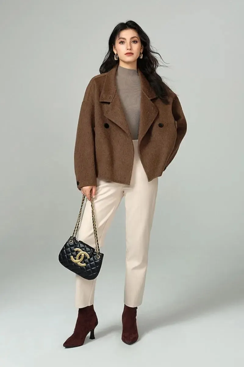 Cropped Funnel Neck Wool Coat