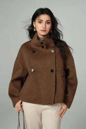 Cropped Funnel Neck Wool Coat