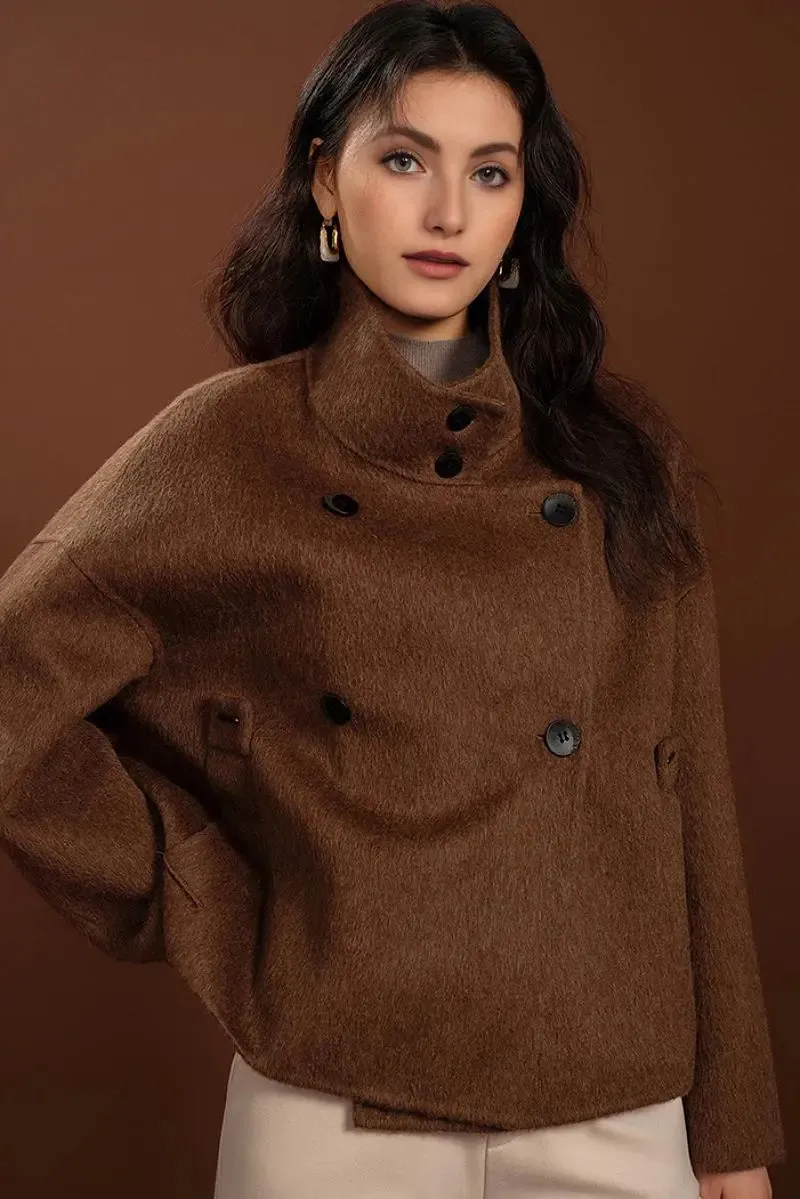 Cropped Funnel Neck Wool Coat