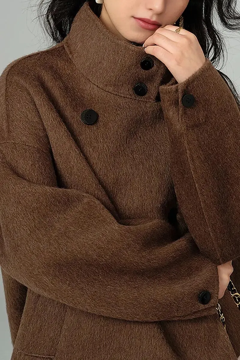 Cropped Funnel Neck Wool Coat