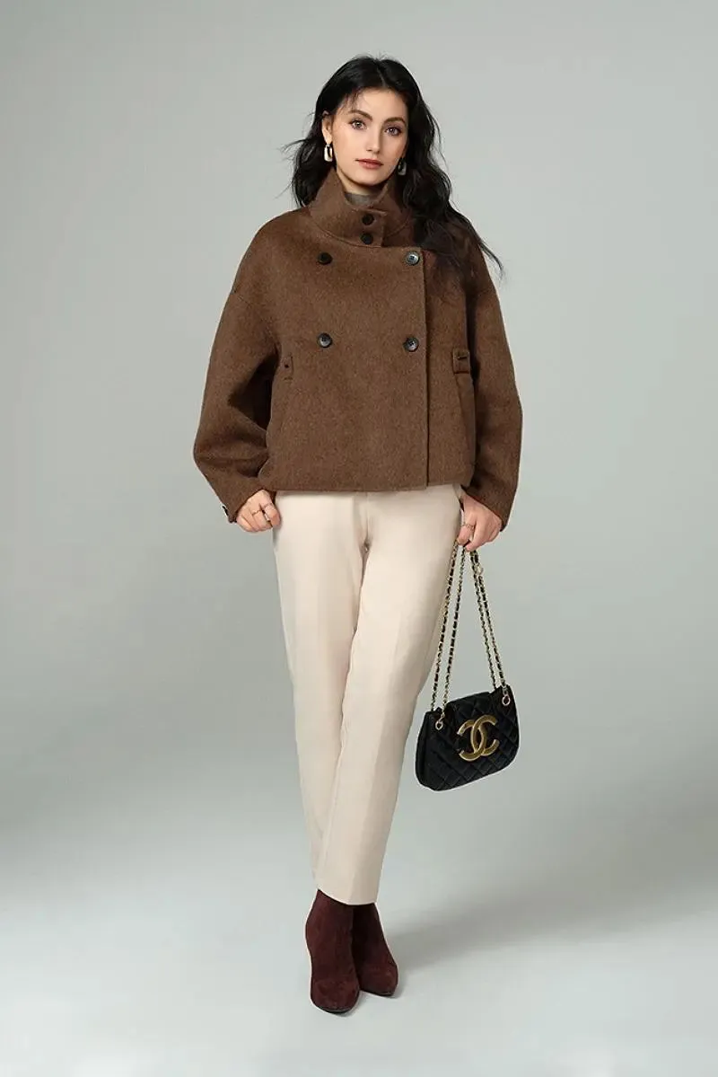 Cropped Funnel Neck Wool Coat