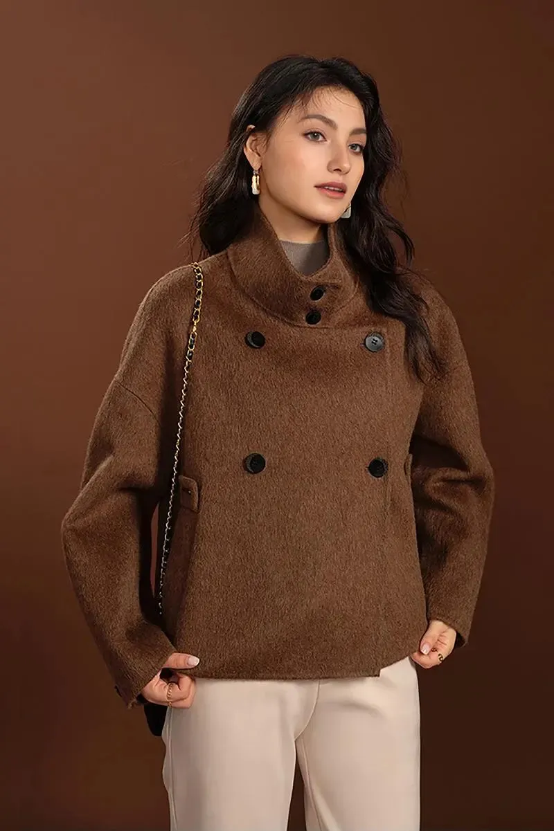 Cropped Funnel Neck Wool Coat