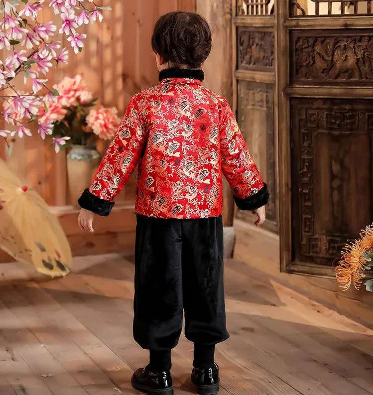 Cyprinus Pattern Brocade Fur Edge Tradtional Chinese Style Boy's Wadded Suit