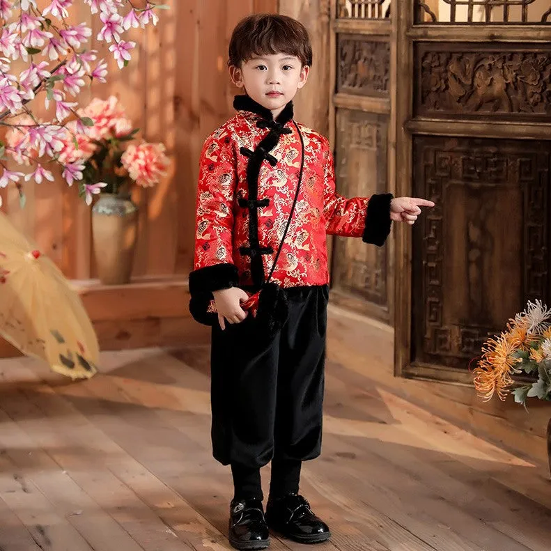 Cyprinus Pattern Brocade Fur Edge Tradtional Chinese Style Boy's Wadded Suit