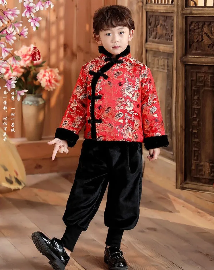 Cyprinus Pattern Brocade Fur Edge Tradtional Chinese Style Boy's Wadded Suit