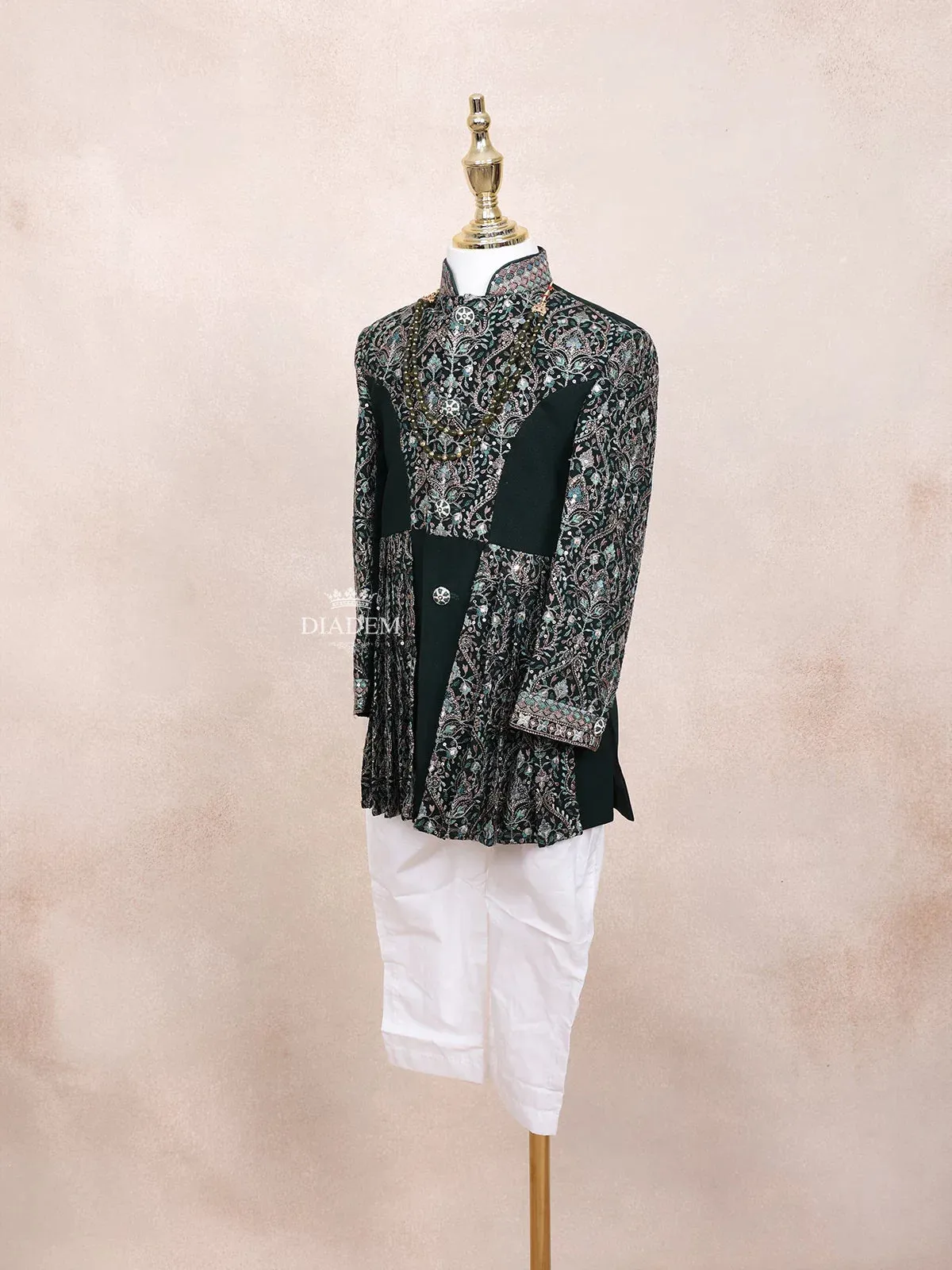 Dark Green Sherwani Adorned with Sequins and Fancy Design Attached with Pearls Mala