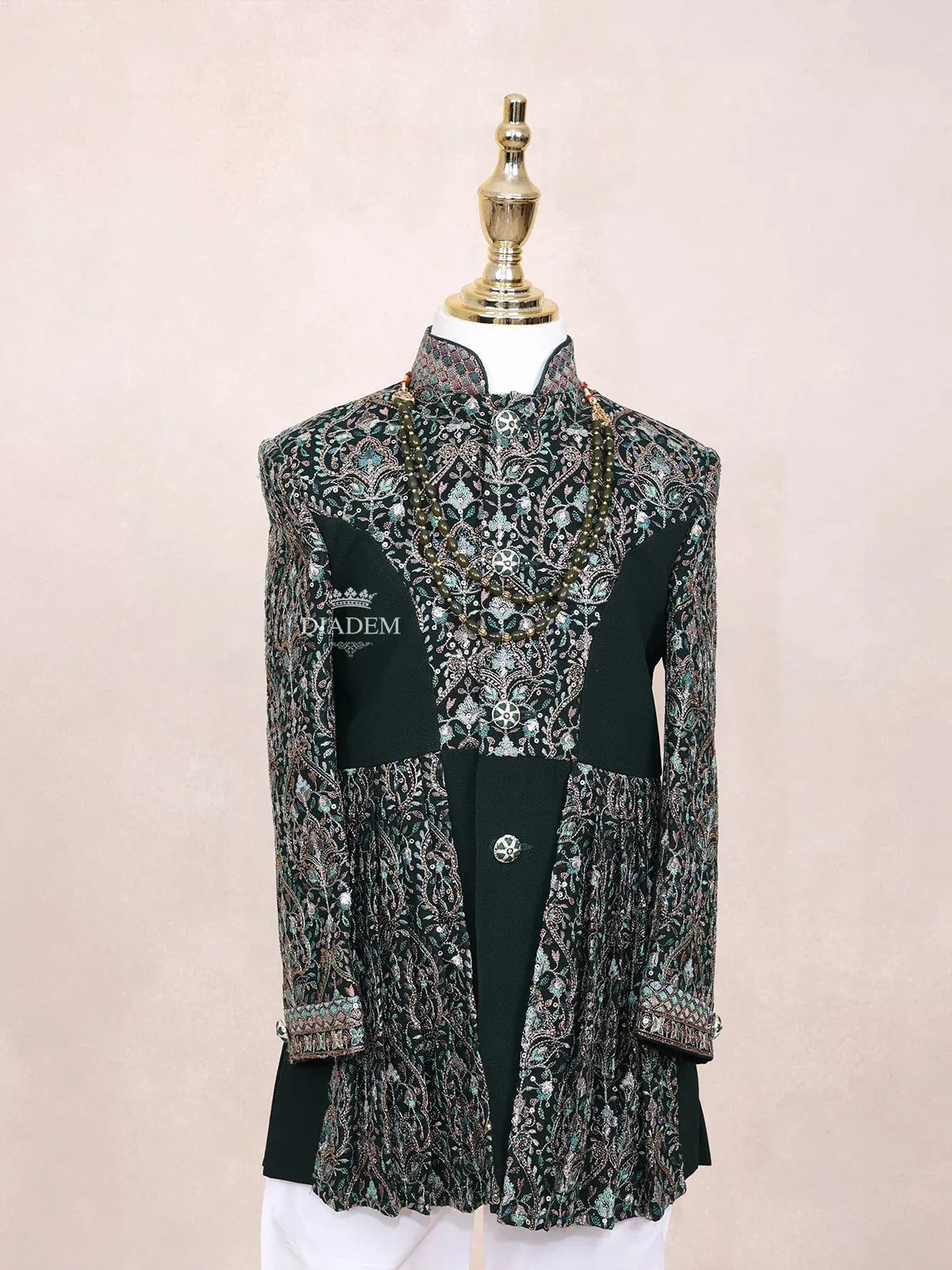 Dark Green Sherwani Adorned with Sequins and Fancy Design Attached with Pearls Mala