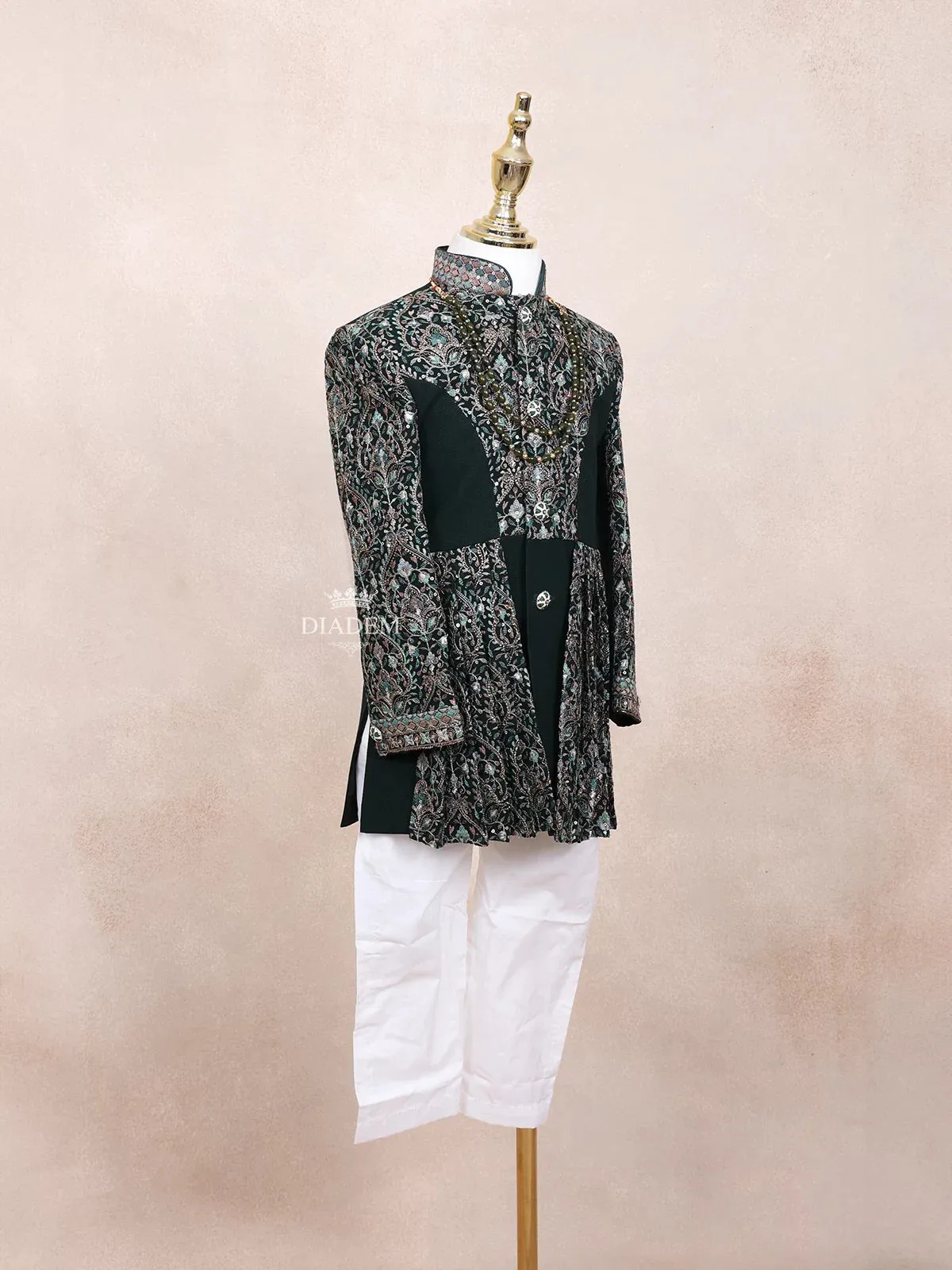 Dark Green Sherwani Adorned with Sequins and Fancy Design Attached with Pearls Mala