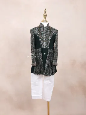 Dark Green Sherwani Adorned with Sequins and Fancy Design Attached with Pearls Mala