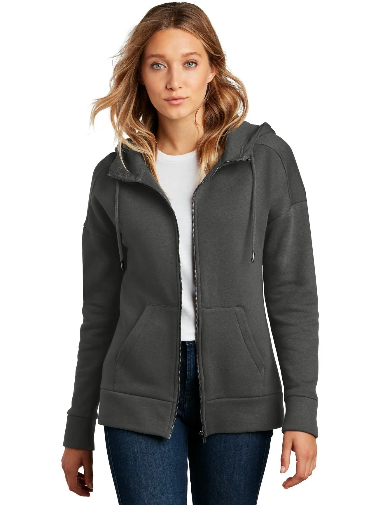 District Ladies Perfect Weight Fleece Drop Shoulder Full-Zip Hoodie