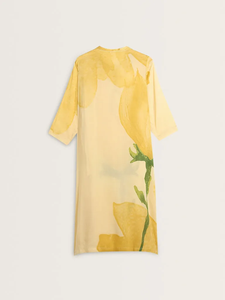 Diza Yellow Floral Printed A-Line Cotton Kurta