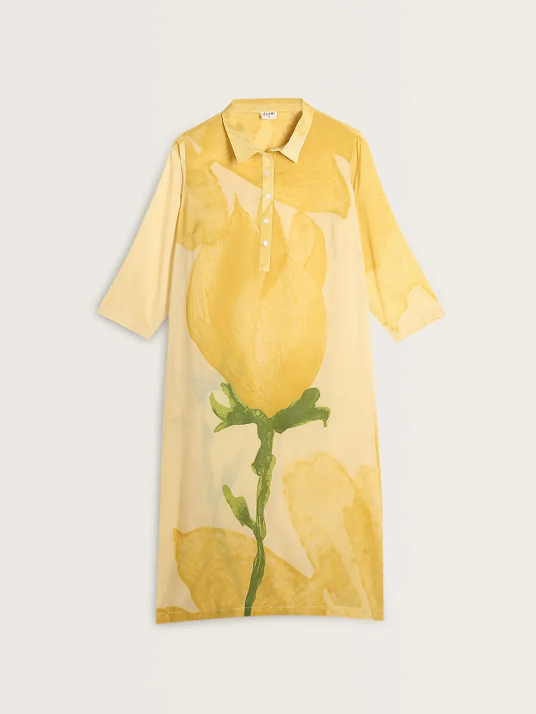 Diza Yellow Floral Printed A-Line Cotton Kurta