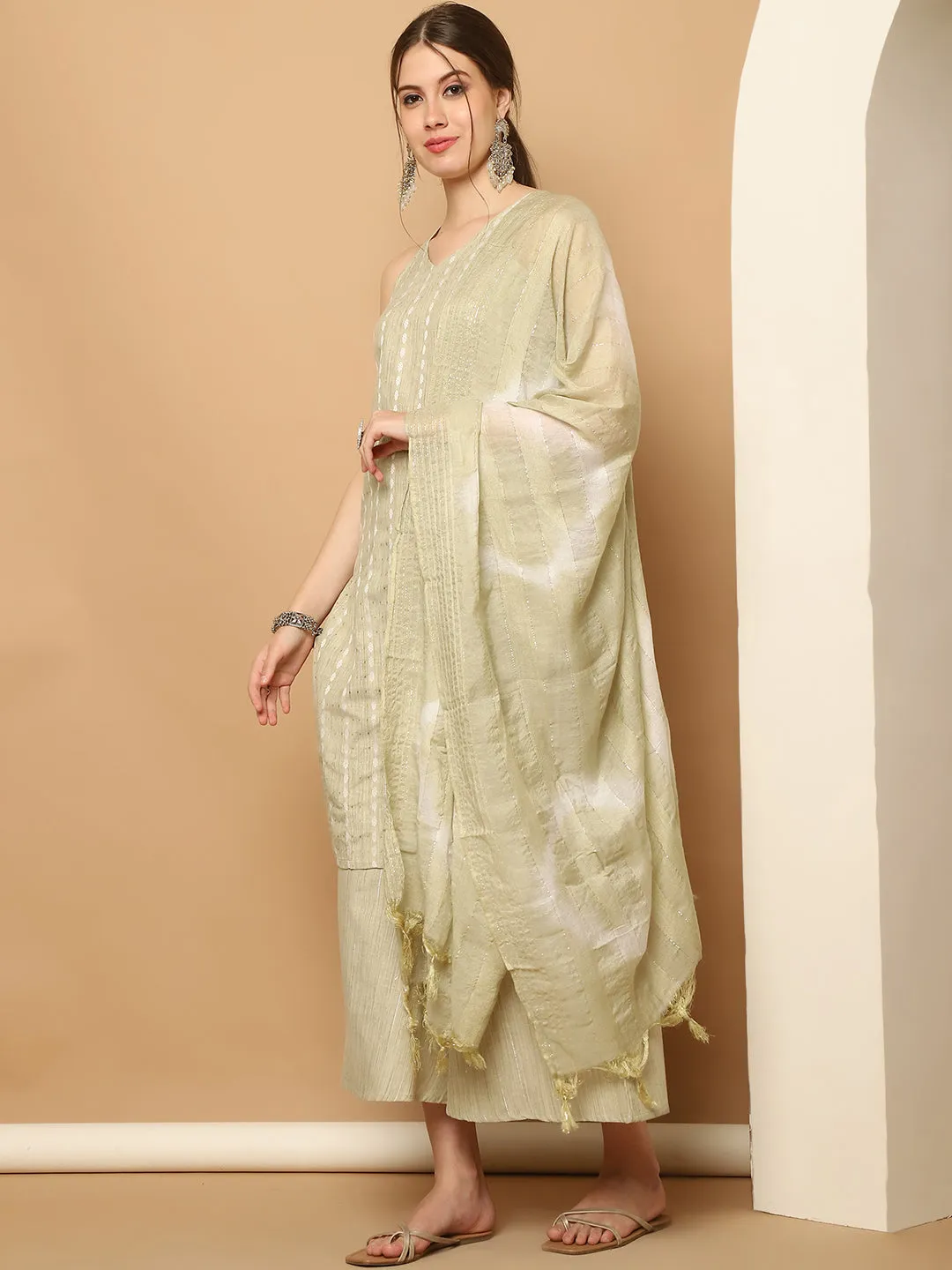 Dobby Green Kurta With Palazzos & With Dupatta