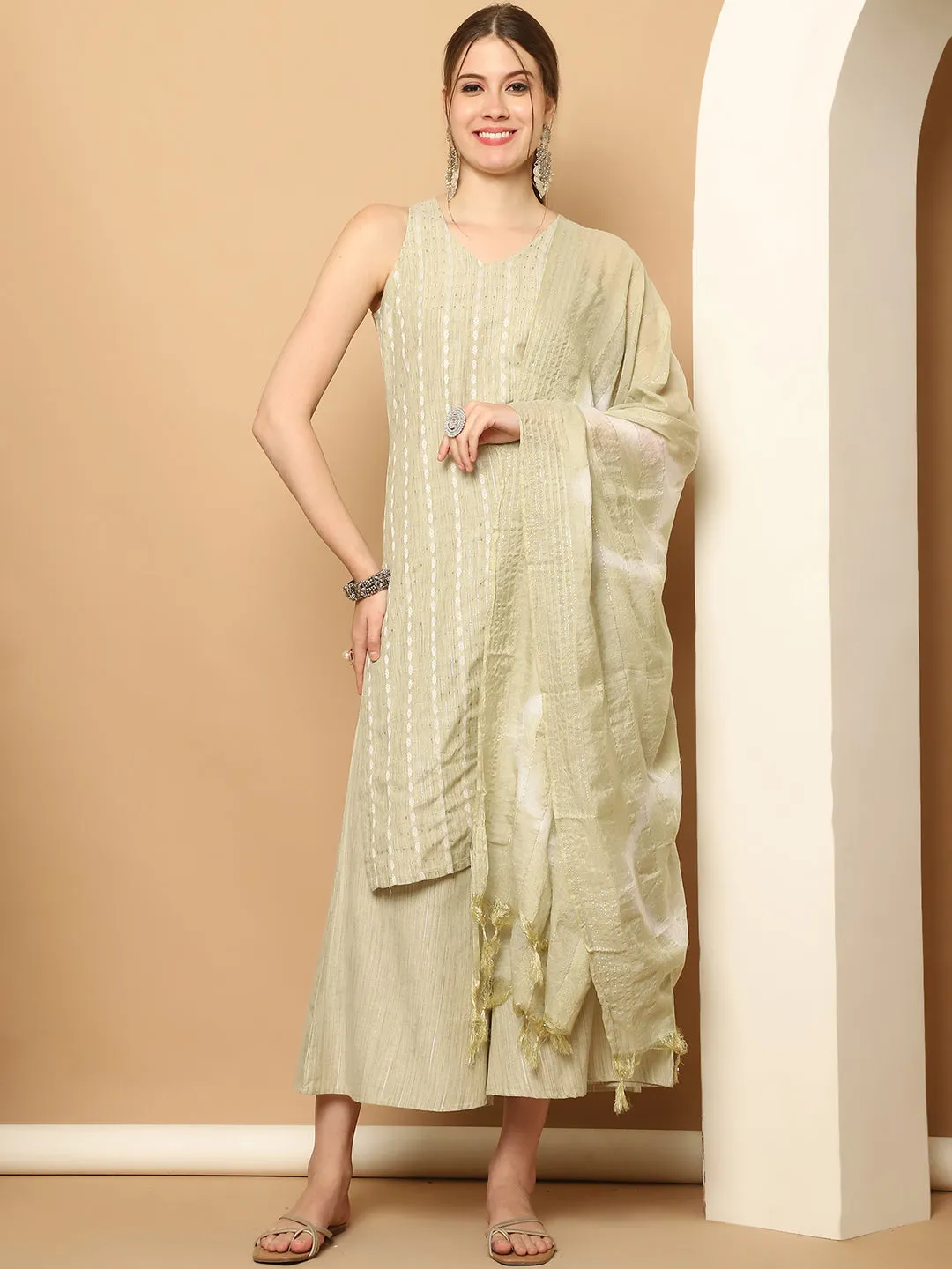 Dobby Green Kurta With Palazzos & With Dupatta